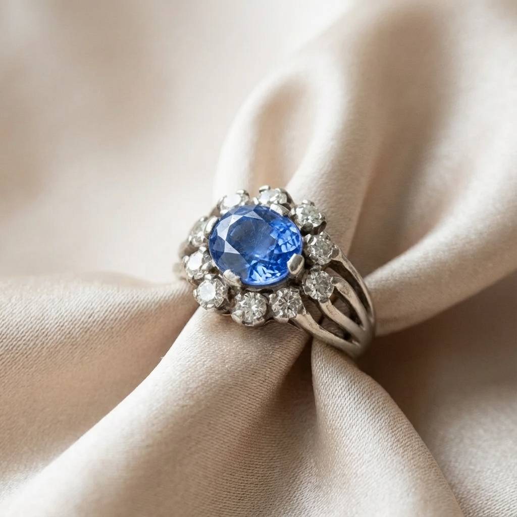 Exquisite vintage sapphire ring with brilliant-cut diamonds in 18k white gold