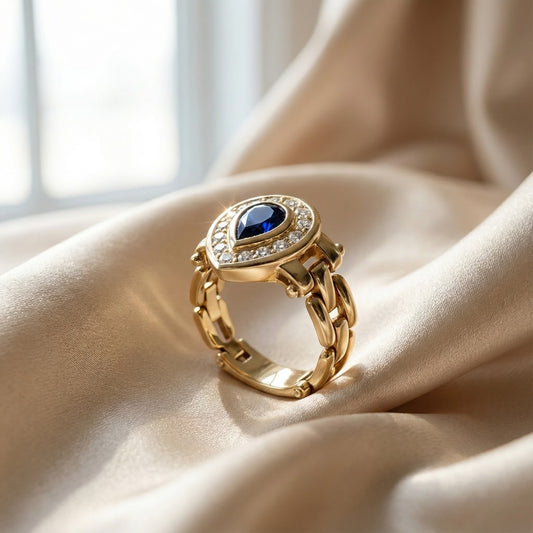 Exquisite vintage 585 gold chain ring: sapphire drop &amp; diamonds in a link design