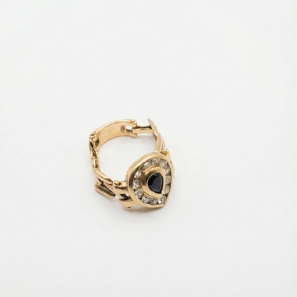 Exquisite vintage 585 gold chain ring: sapphire drop &amp; diamonds in a link design