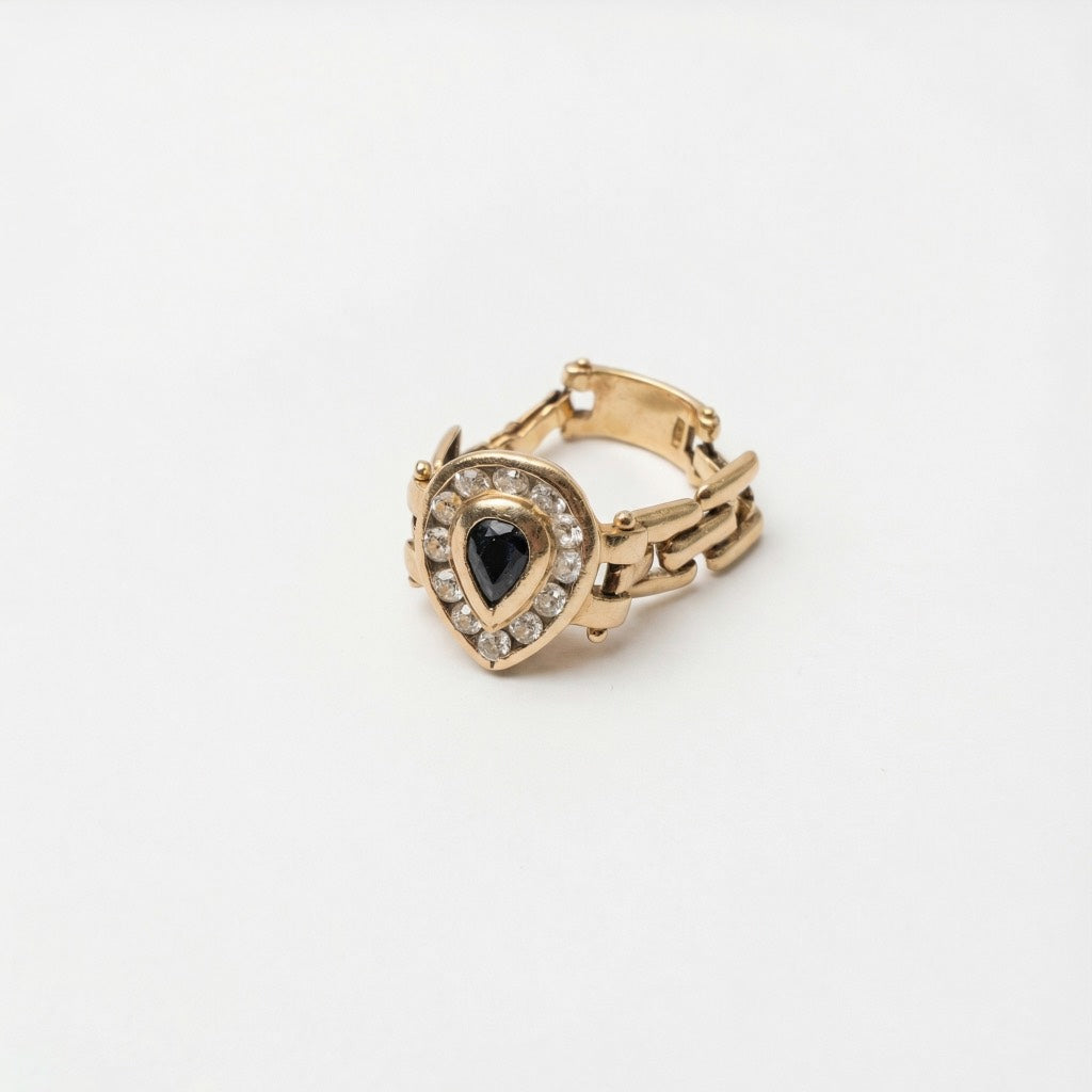 Exquisite vintage 585 gold chain ring: sapphire drop &amp; diamonds in a link design