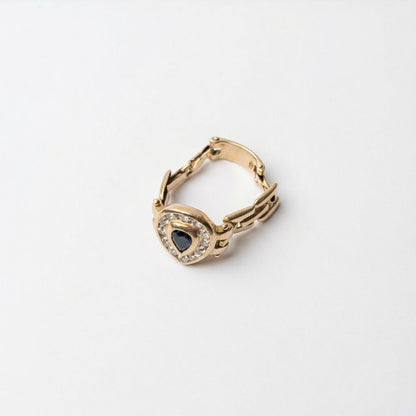 Exquisite vintage 585 gold chain ring: sapphire drop &amp; diamonds in a link design