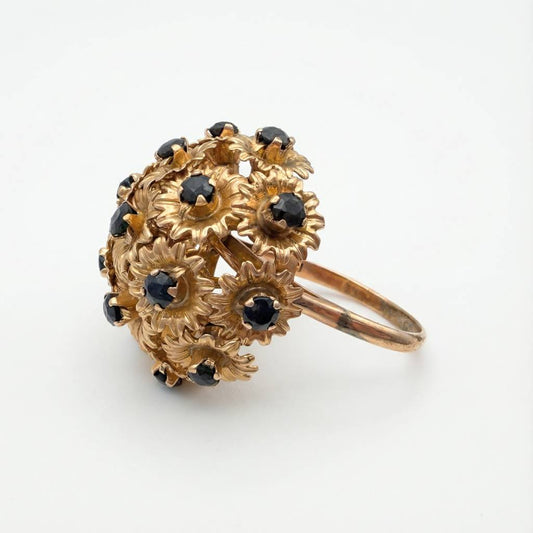 Prachtvolles Saphir-Bouquet: Vintage Cocktailring in 750 Gold, ca. 1960/70
