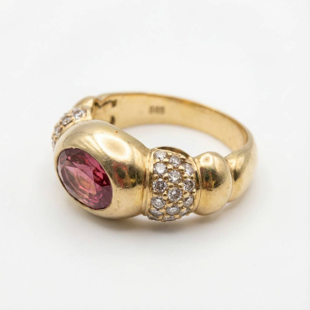 Luxuriöser Vintage Statement-Ring 585 Gold: Himbeer-Rubellit & Brillanten