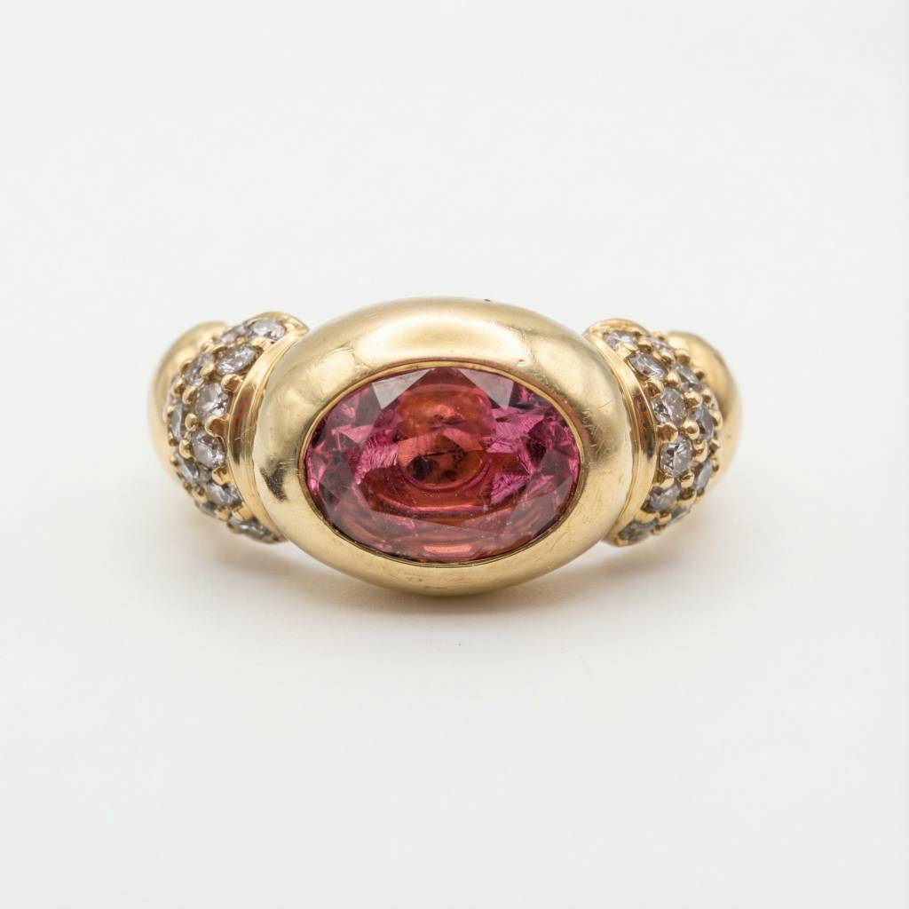 Luxuriöser Vintage Statement-Ring 585 Gold: Himbeer-Rubellit & Brillanten