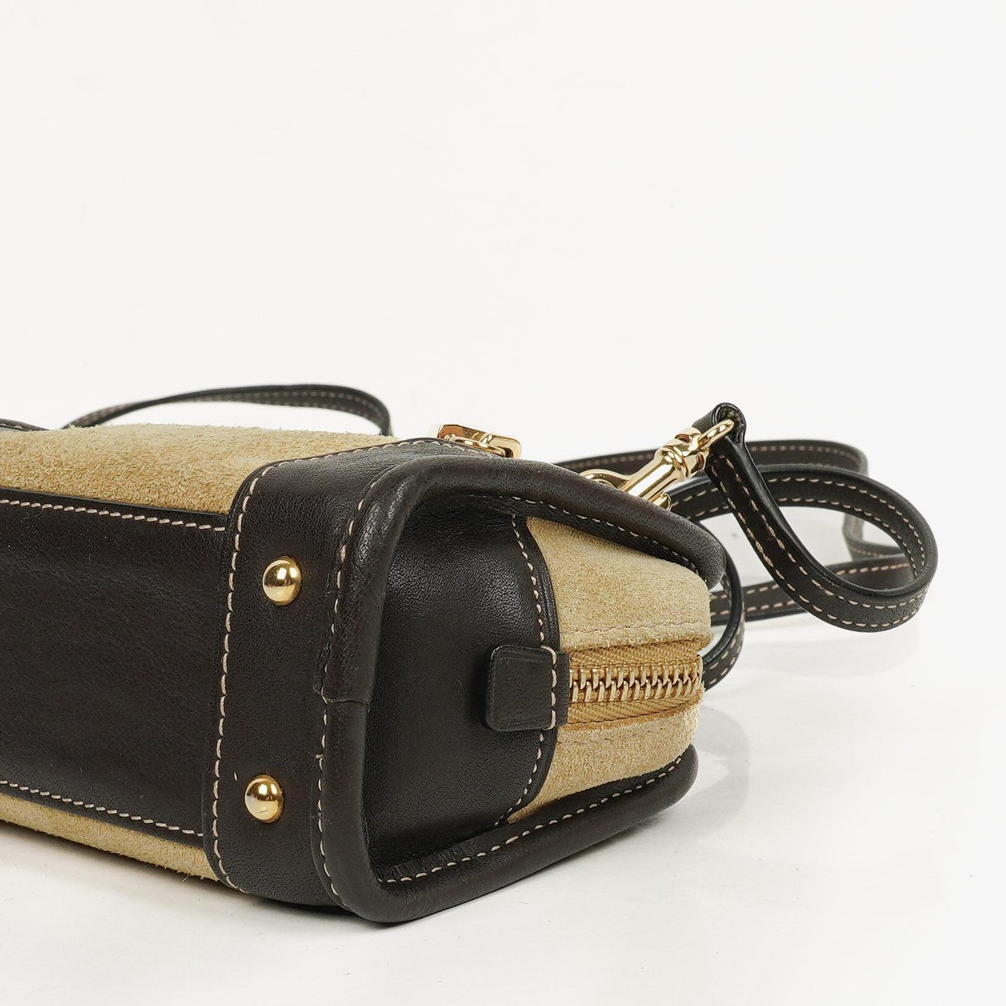 Loewe Micro Amazona Mini Tasche aus beigem Wildleder und dunkelbraunem Leder