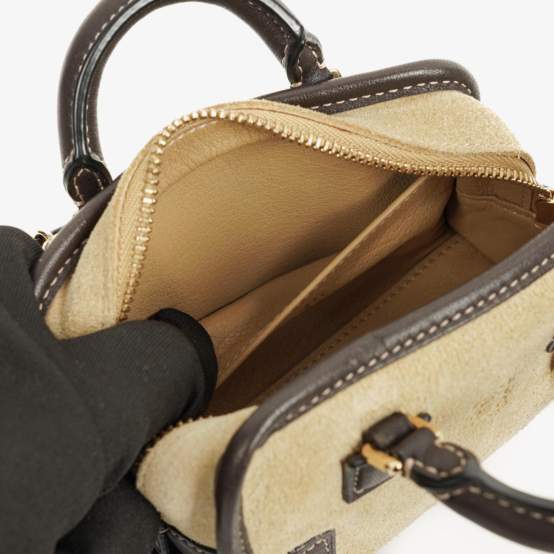 Loewe Micro Amazona Mini Tasche aus beigem Wildleder und dunkelbraunem Leder