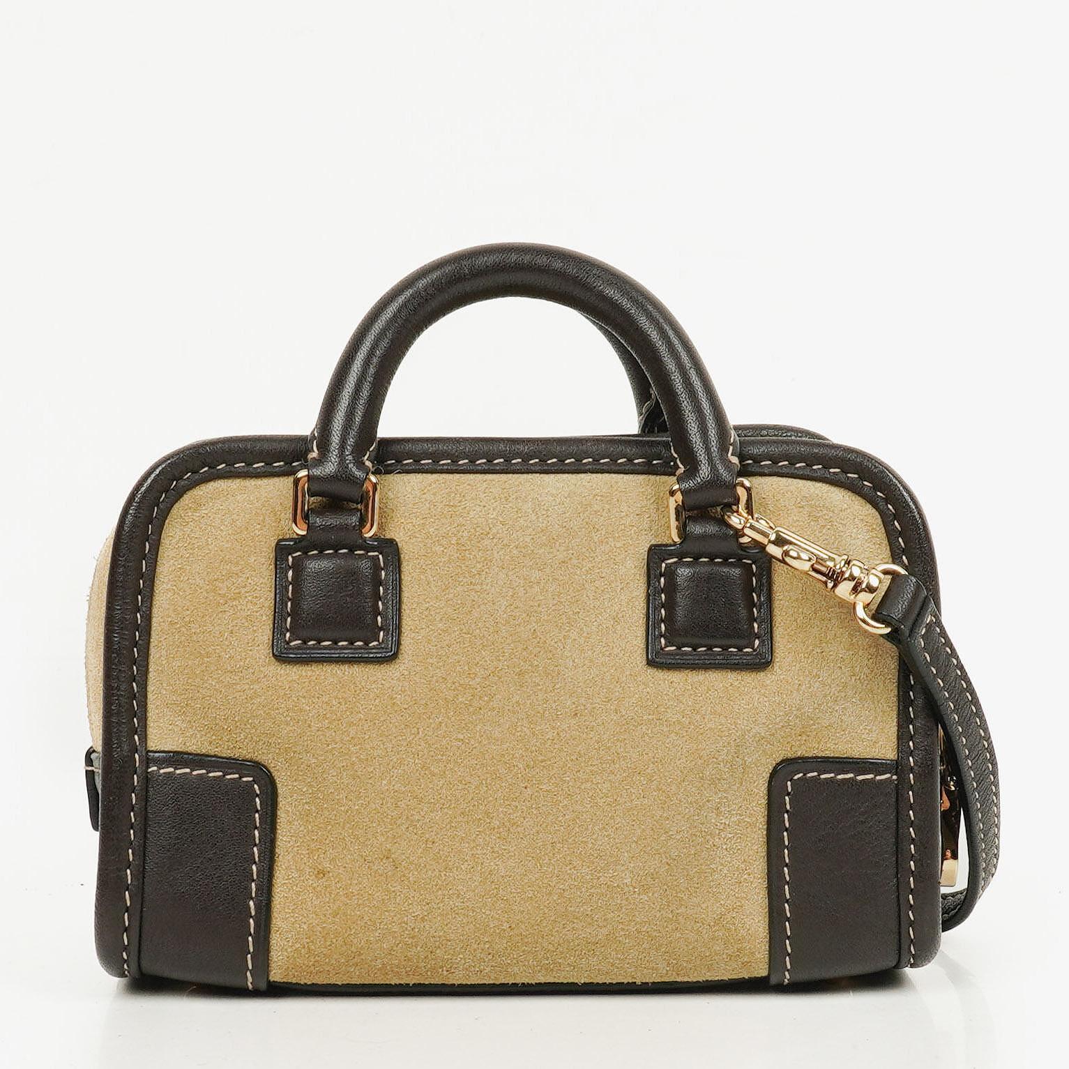 Loewe Micro Amazona Mini Tasche aus beigem Wildleder und dunkelbraunem Leder