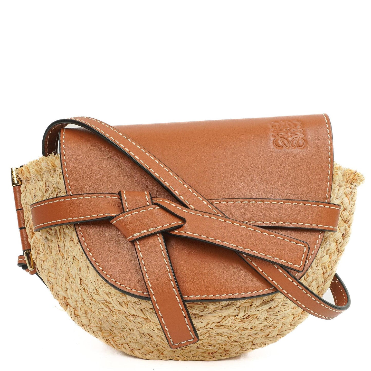 Loewe Naturfarbenes Tan Kalbsleder Raffia Mini Gate Crossbody Tasche