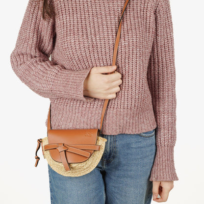 Loewe Naturfarbenes Tan Kalbsleder Raffia Mini Gate Crossbody Tasche