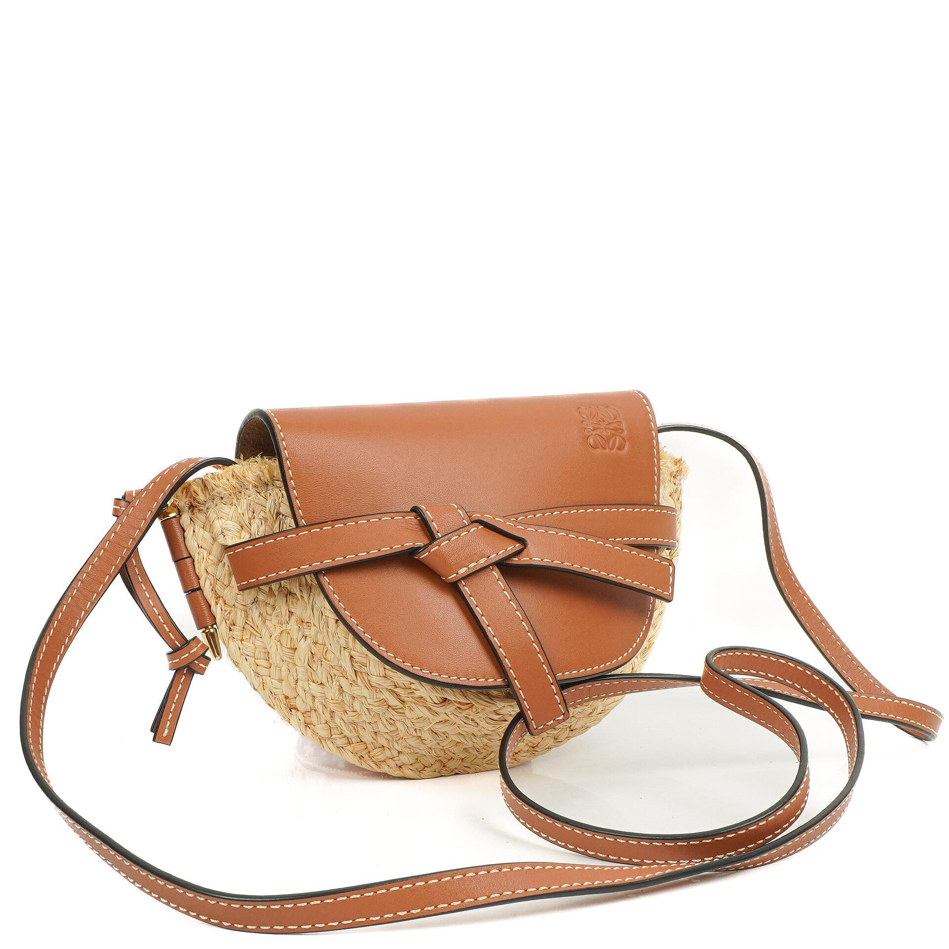 Loewe Naturfarbenes Tan Kalbsleder Raffia Mini Gate Crossbody Tasche