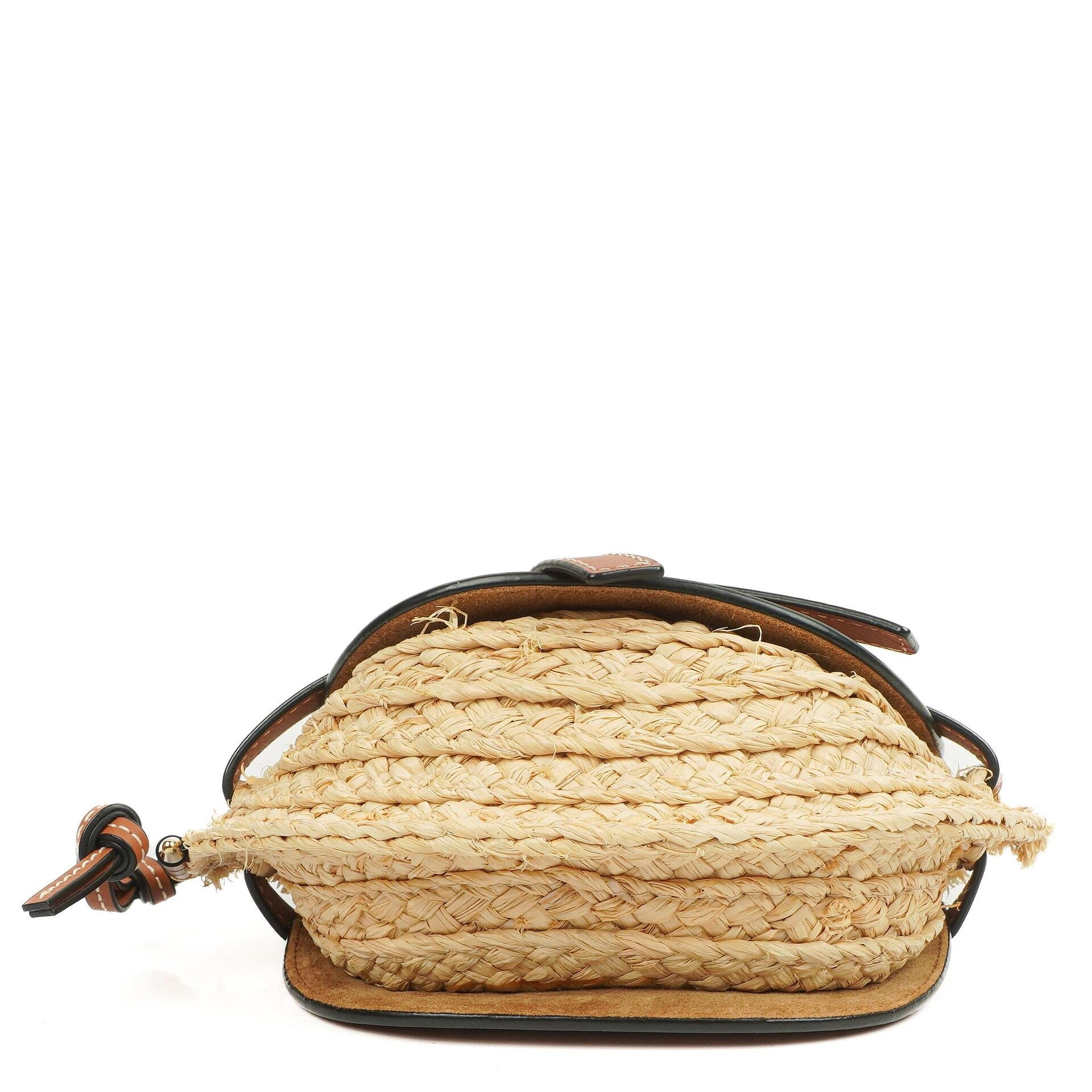 Loewe Naturfarbenes Tan Kalbsleder Raffia Mini Gate Crossbody Tasche
