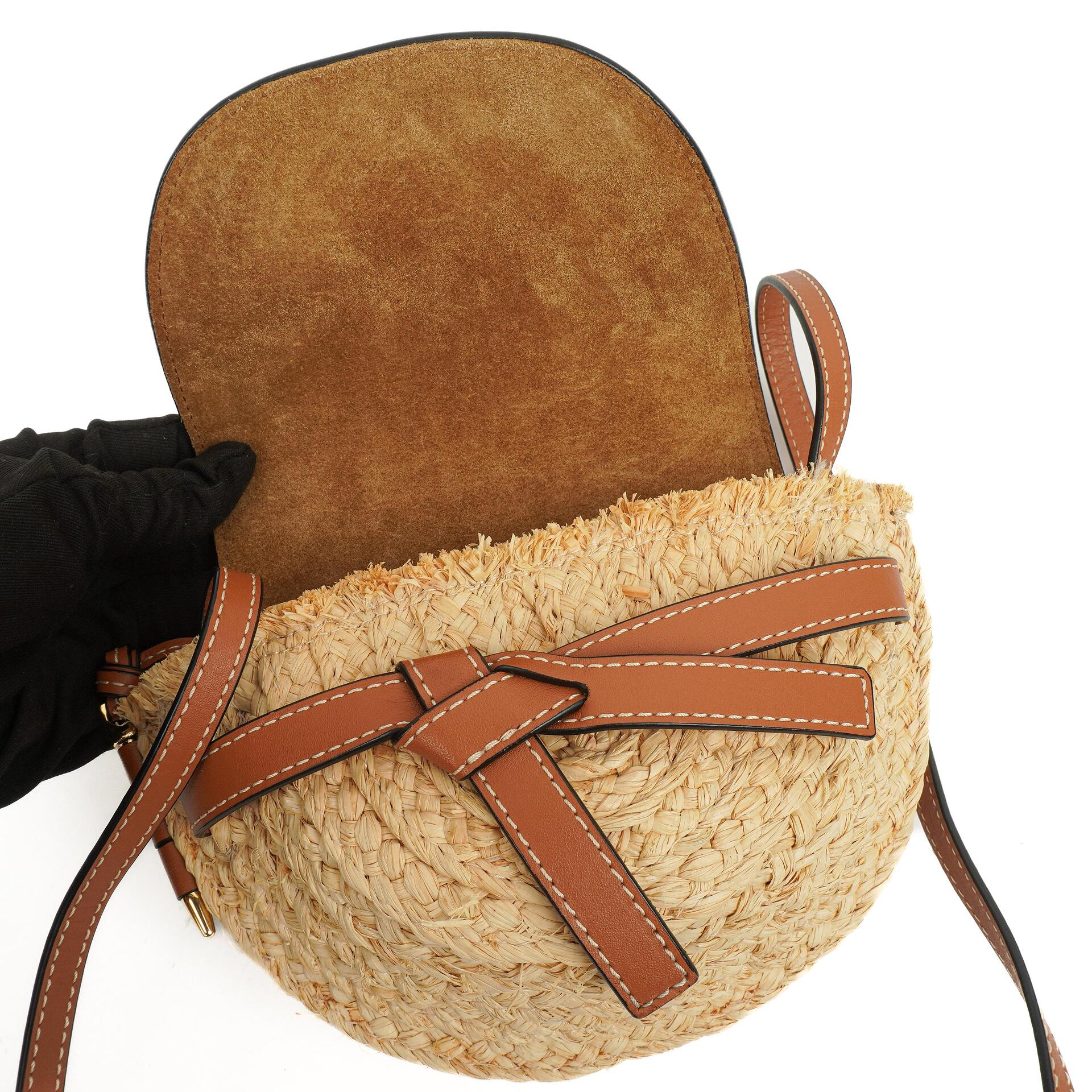Loewe Naturfarbenes Tan Kalbsleder Raffia Mini Gate Crossbody Tasche