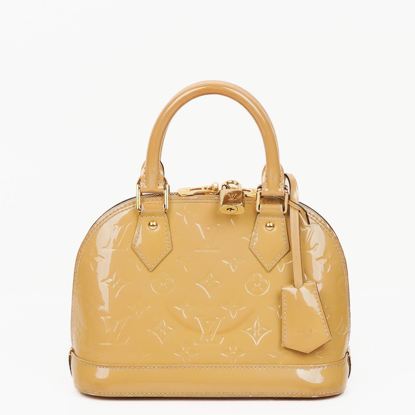 Louis Vuitton Alma BB Beigefarbene Monogram Vernis Leder Handtasche
