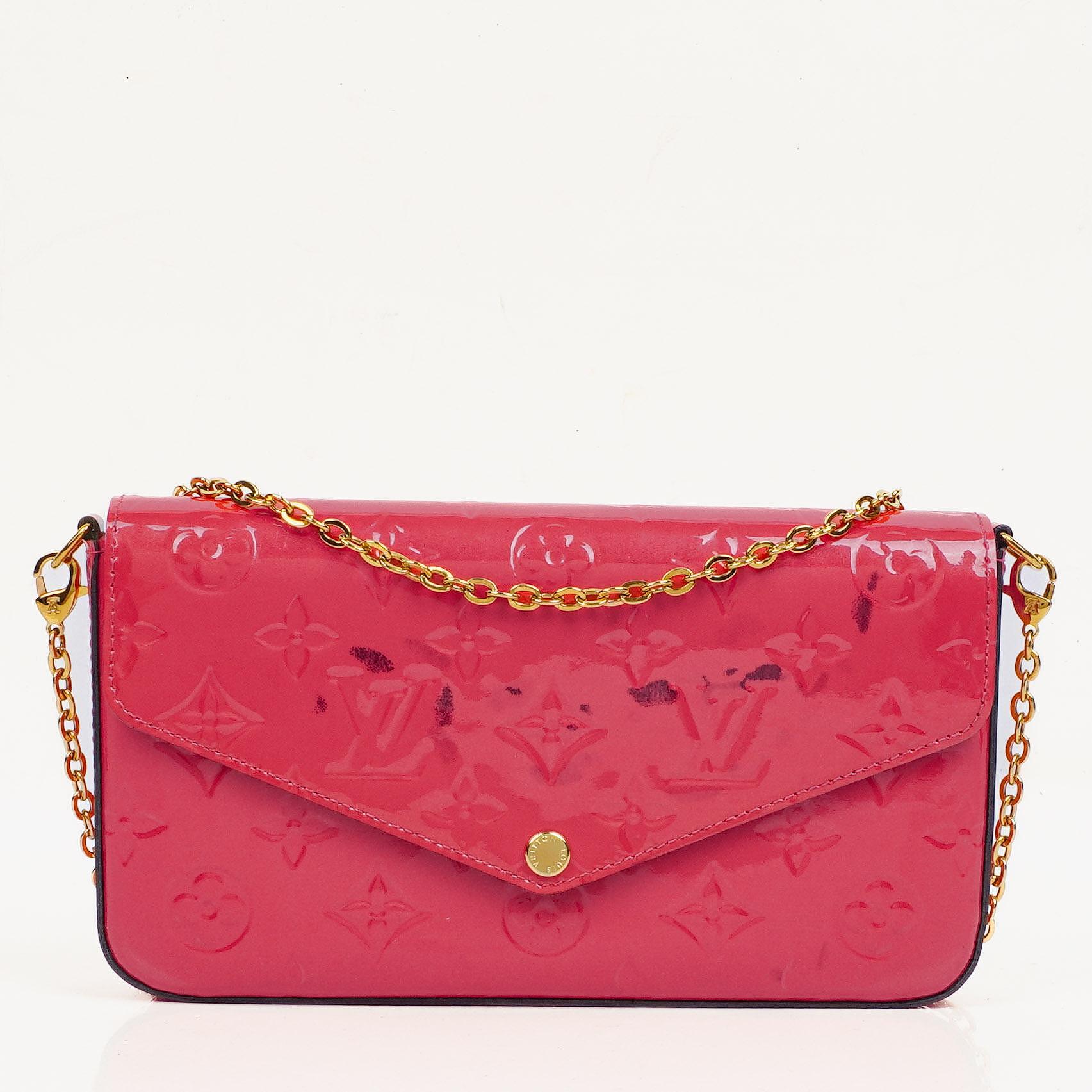 Louis Vuitton Felicie Pochette Kettenbörse aus knallpinkem Vernis