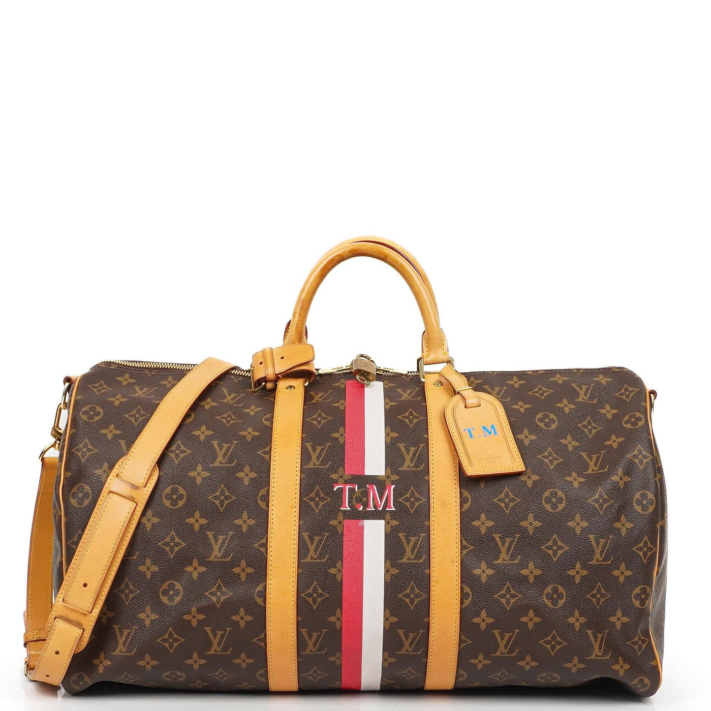 Louis Vuitton Keepall 50 Bandouliere Monogram Canvas Reisetasche mit personalisiertem Heißstempel