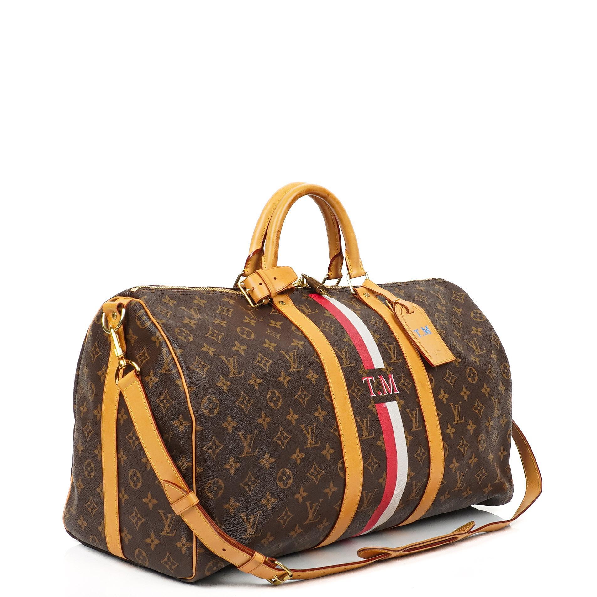 Louis Vuitton Keepall 50 Bandouliere Monogram Canvas Reisetasche mit personalisiertem Heißstempel