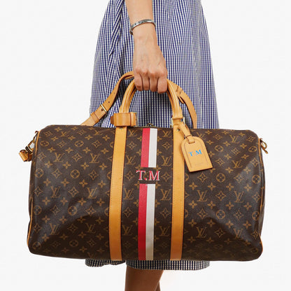 Louis Vuitton Keepall 50 Bandouliere Monogram Canvas Reisetasche mit personalisiertem Heißstempel
