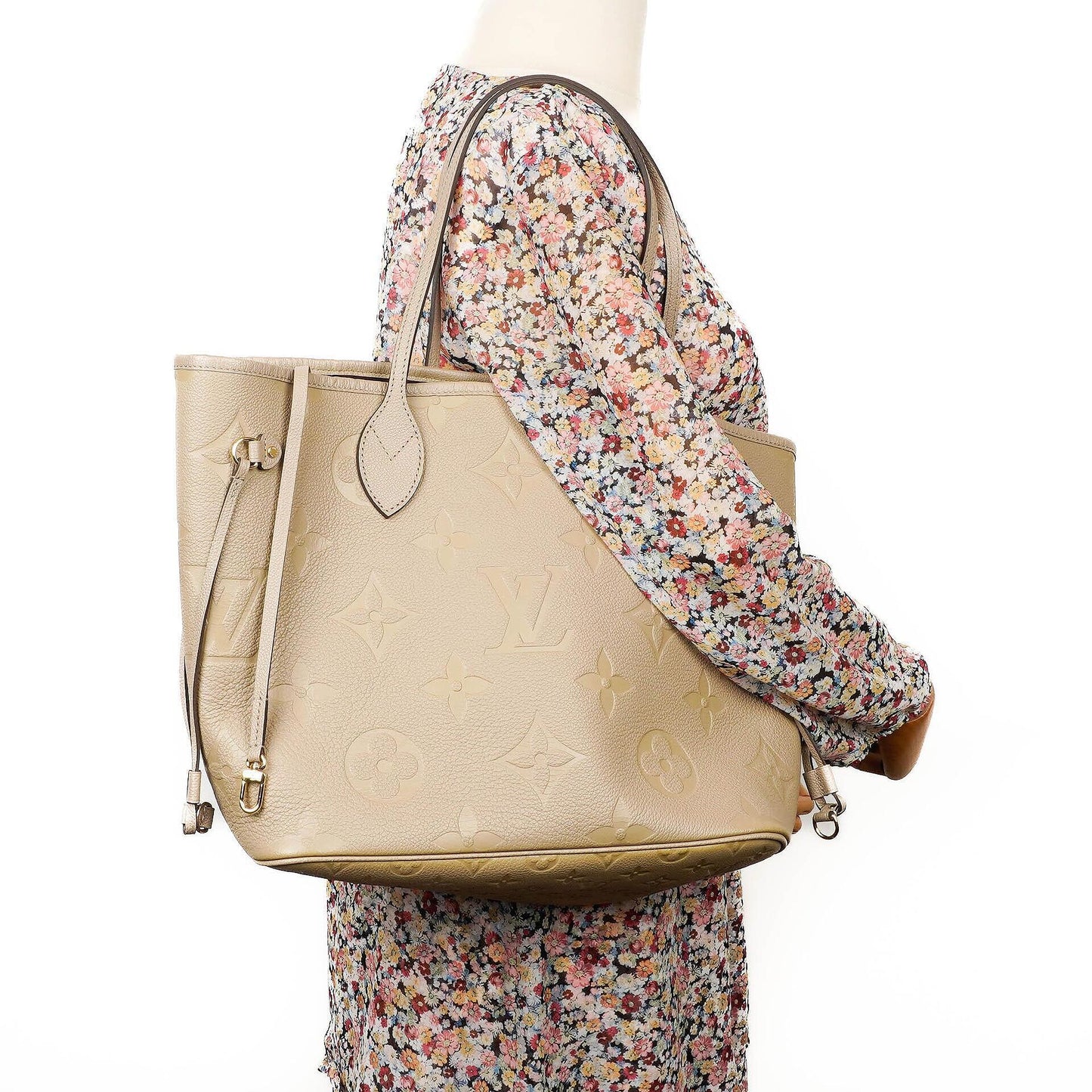 Louis Vuitton Neverfull MM Tragetasche aus beigem Empreinte Leder