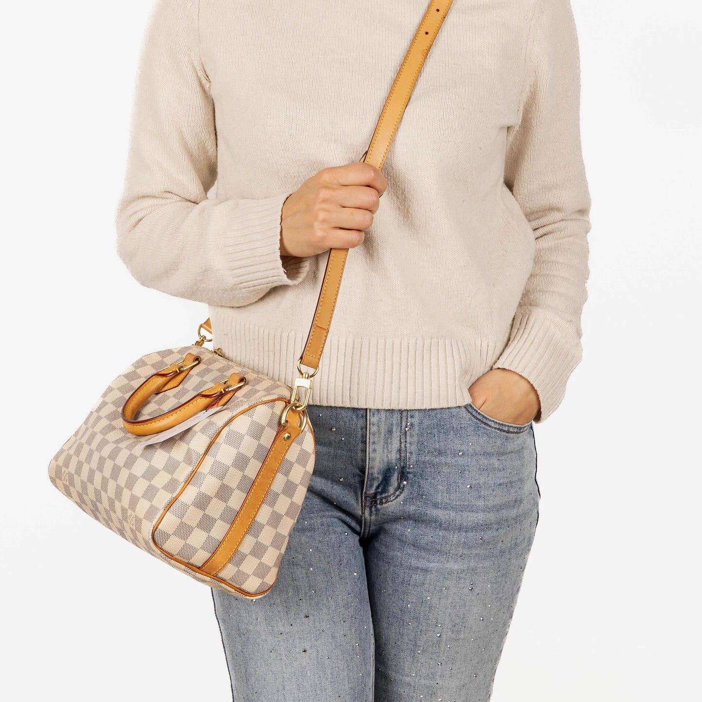 Louis Vuitton Speedy 25 Bandoulière Handtasche aus Damier Azur beschichtetem Canvas