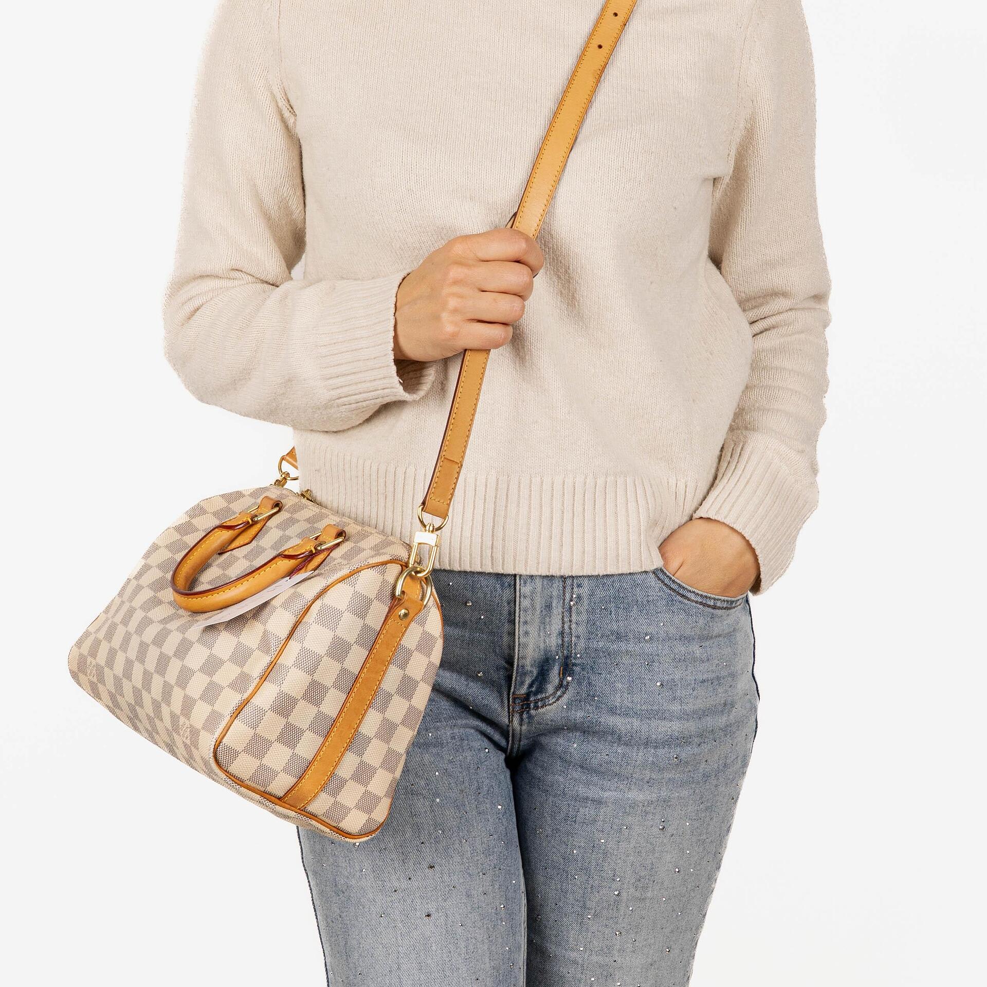 Louis Vuitton Speedy 25 Bandoulière Handtasche aus Damier Azur beschichtetem Canvas