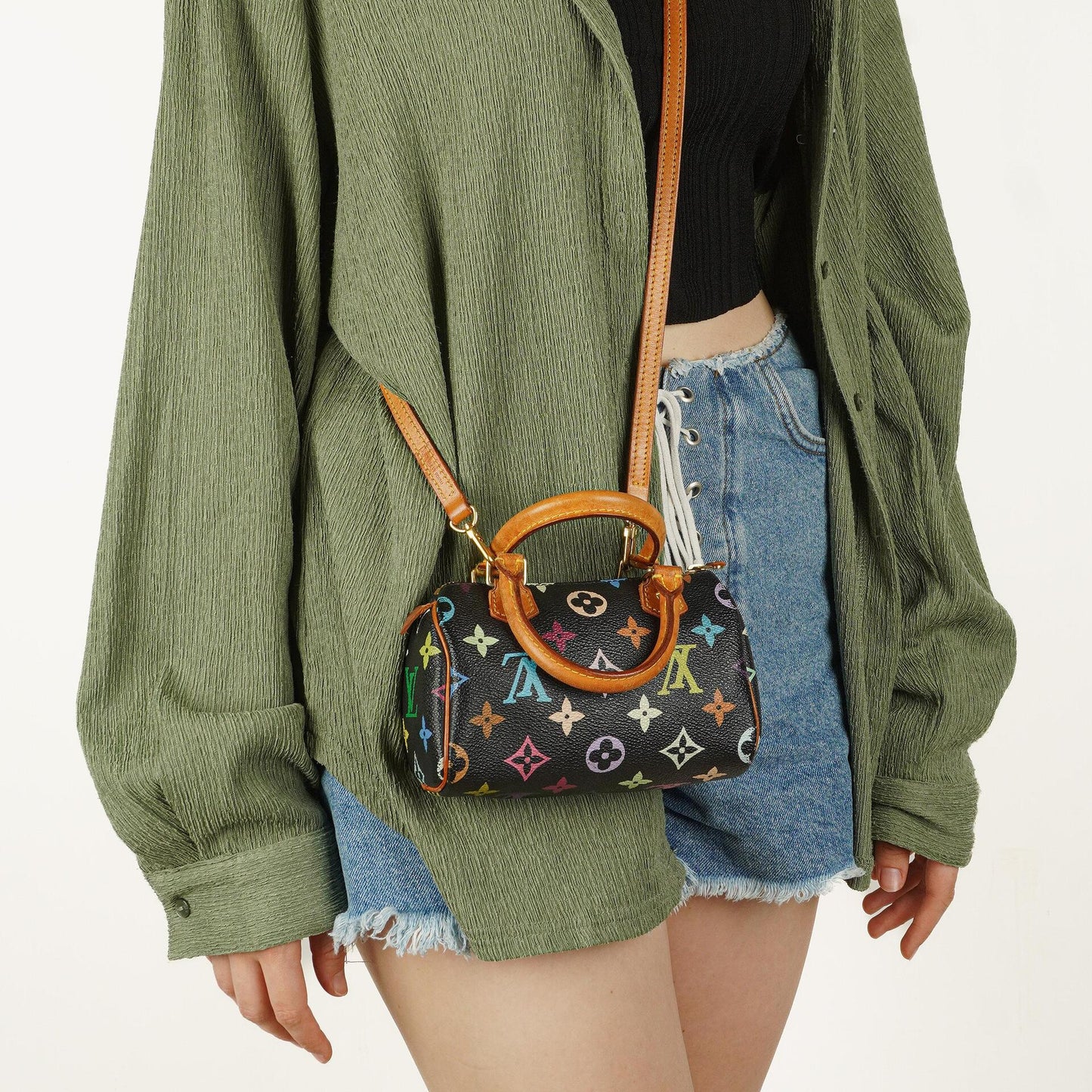 Louis Vuitton Takashi Murakami Nano Speedy Schwarz Mehrfarbiges Monogram Beschichtetes Canvas Mini Tasche