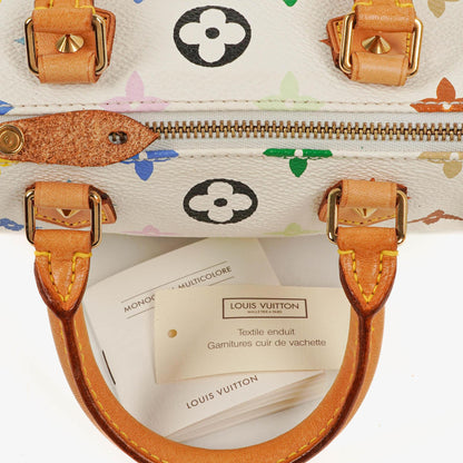 Louis Vuitton Takashi Murakami Nano Speedy Mini-Tasche aus weißem mehrfarbigem Monogram-beschichtetem Canvas