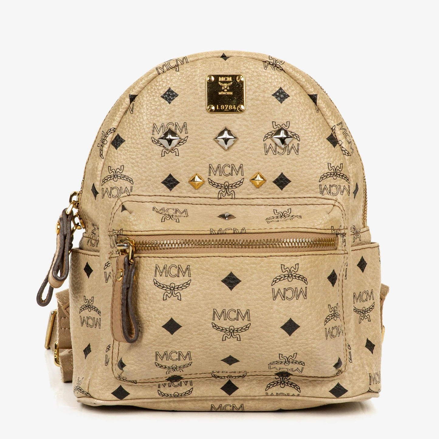 MCM Visetos Rucksack aus neutralem beschichtetem Canvas mit Nieten