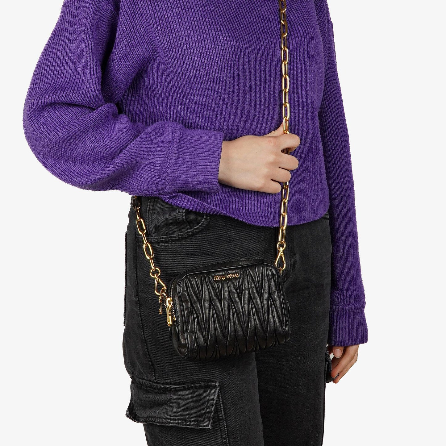 Miu Miu Crossbody-Clutch aus schwarzem Nero Napa Matelassé mit Doppelreißverschluss