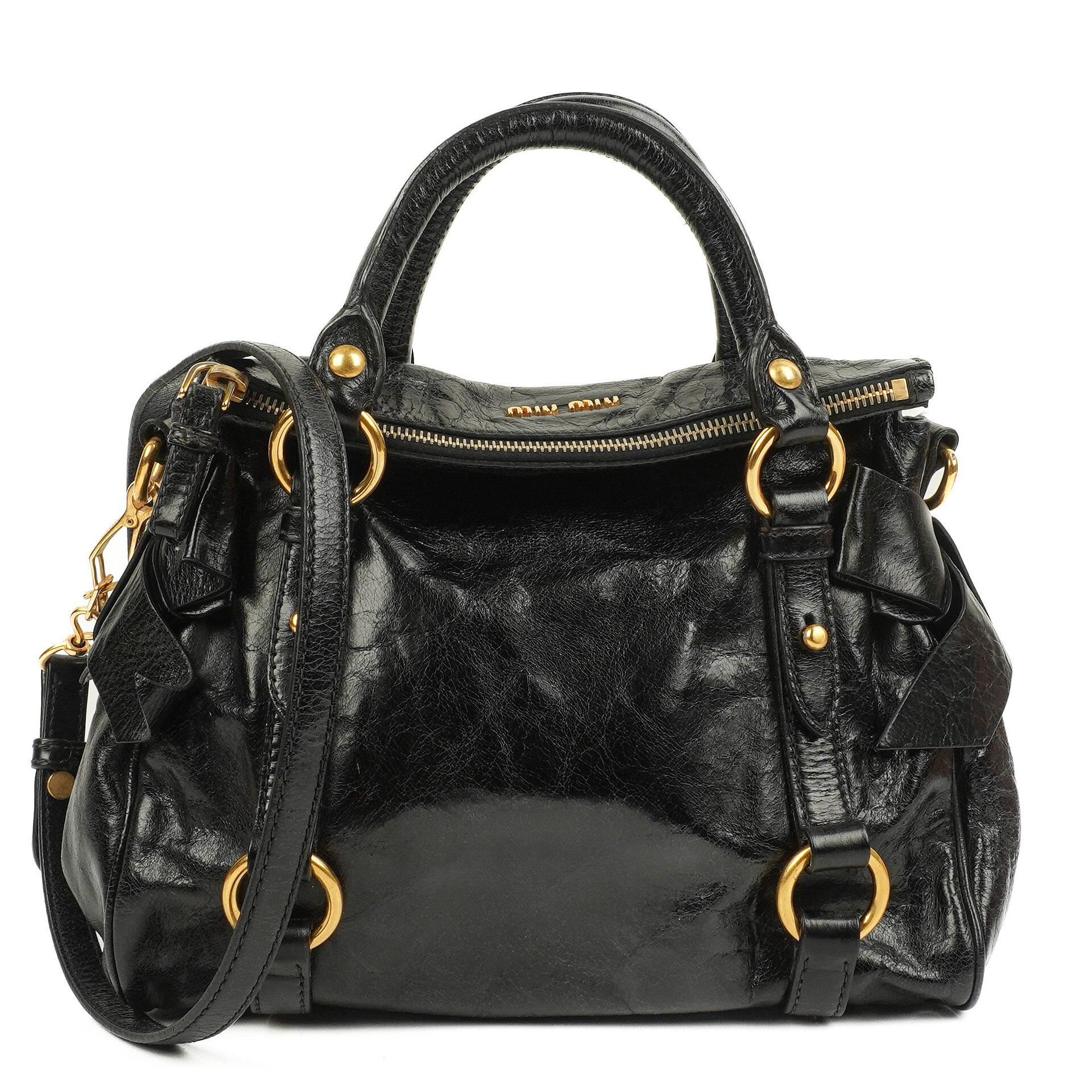 Miu Miu Kleine Vitello Shine Schwarze Schleifen Satchel Tasche