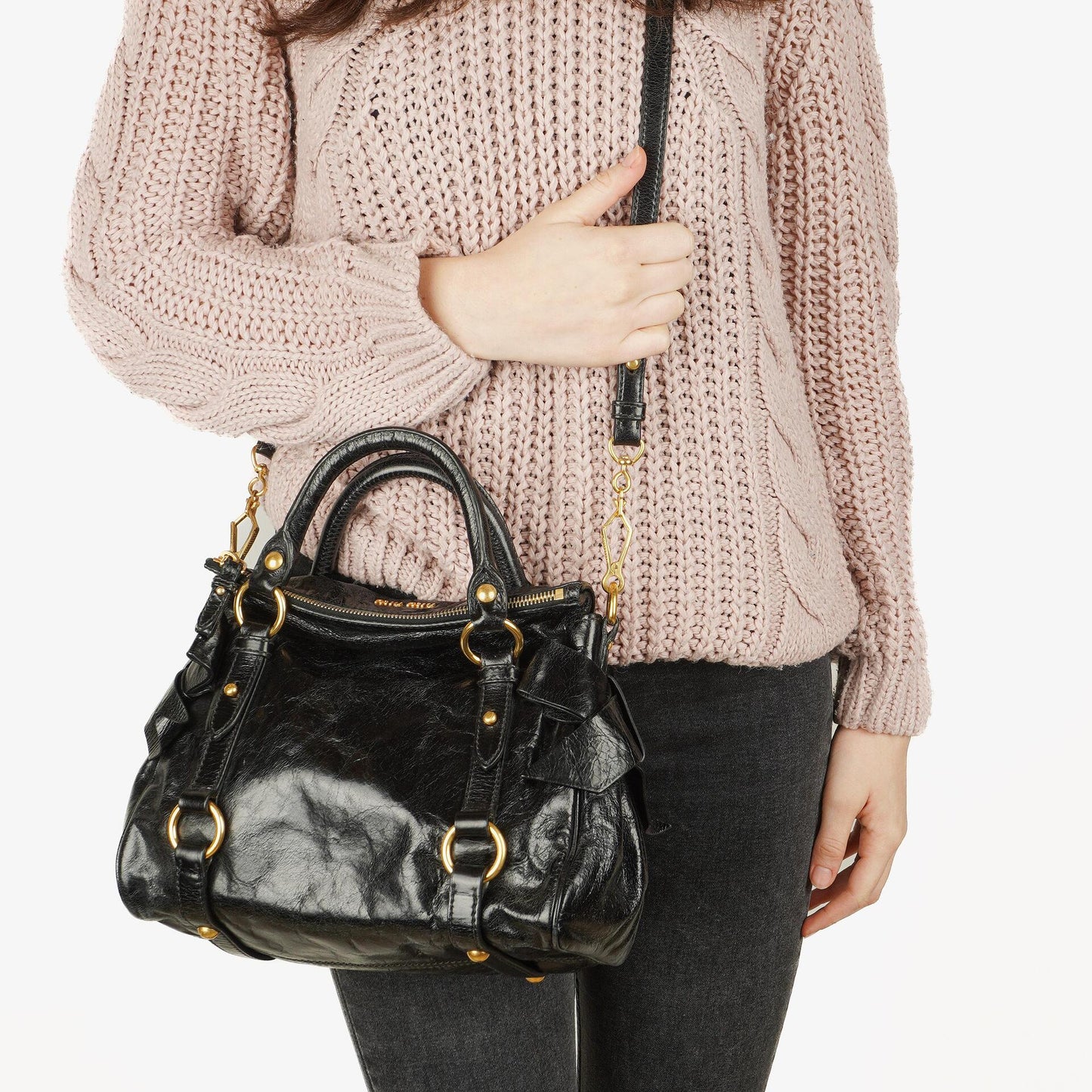 Miu Miu Kleine Vitello Shine Schwarze Schleifen Satchel Tasche