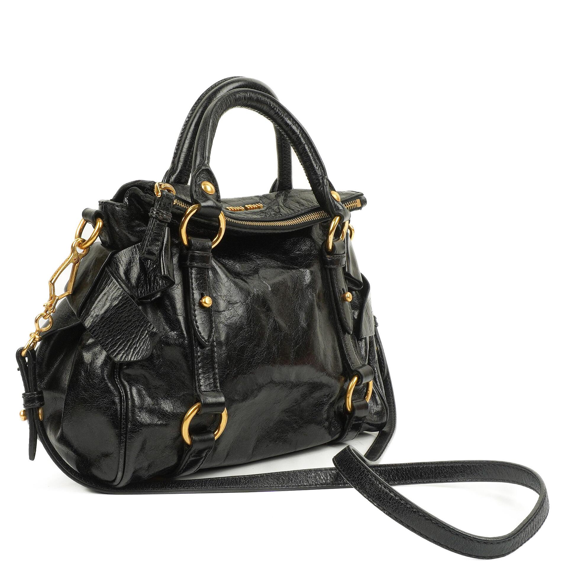 Miu Miu Kleine Vitello Shine Schwarze Schleifen Satchel Tasche