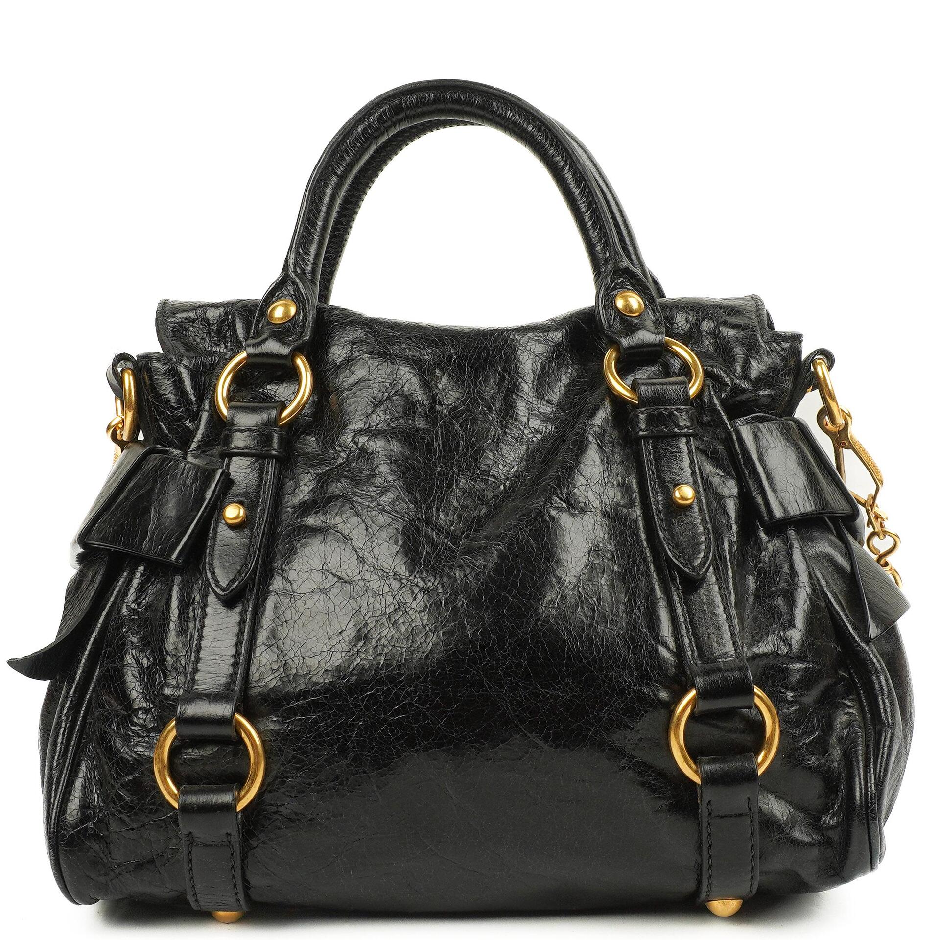 Miu Miu Kleine Vitello Shine Schwarze Schleifen Satchel Tasche