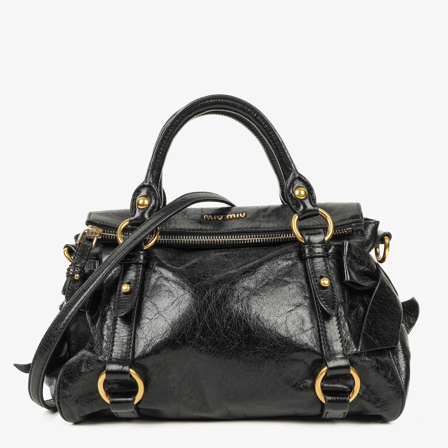 Miu Miu kleine Bow Satchel Tasche aus schwarzem Vitello Leder