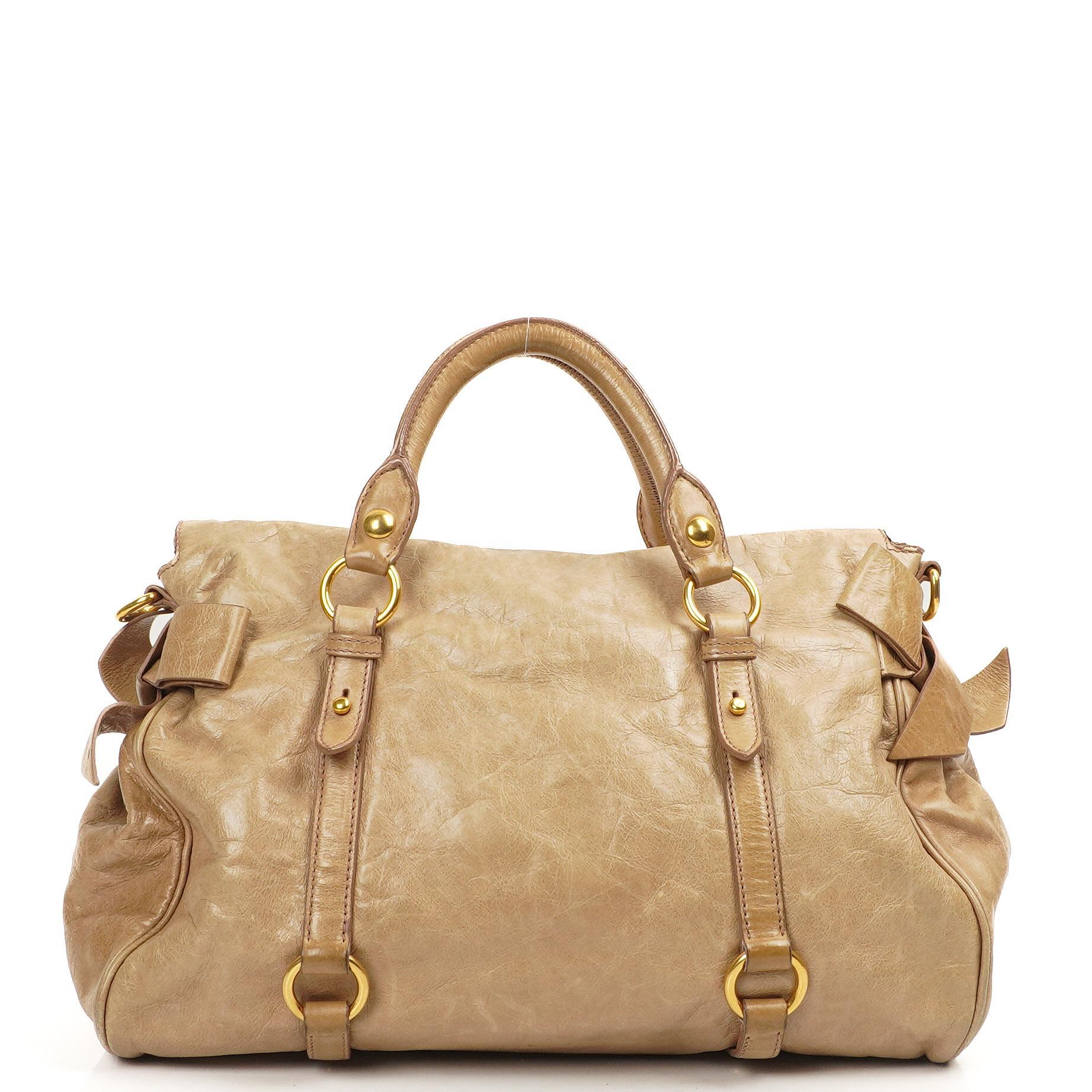 Miu Miu Vitello Lux Satchel Bow Bag Cammeo
