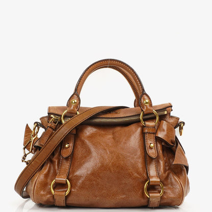 Miu Miu Vitello Lux Mini Bow Satchel Bag Cognac