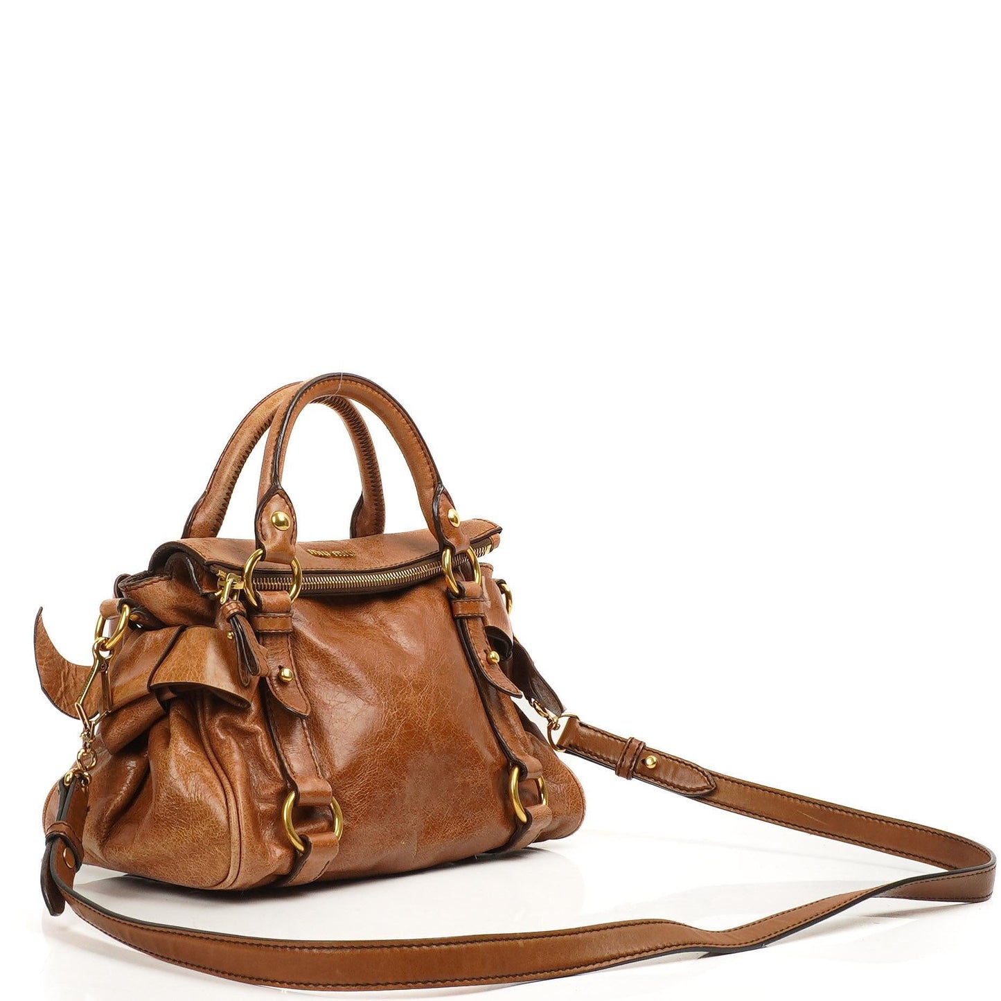 Miu Miu Vitello Lux Mini Bow Satchel Bag Cognac