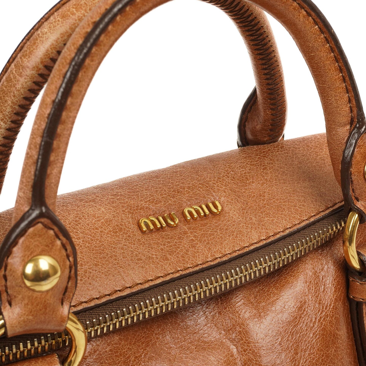 Miu Miu Vitello Lux Mini Bow Satchel Bag Cognac