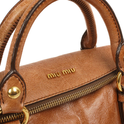 Miu Miu Vitello Lux Mini Bow Satchel Bag Cognac
