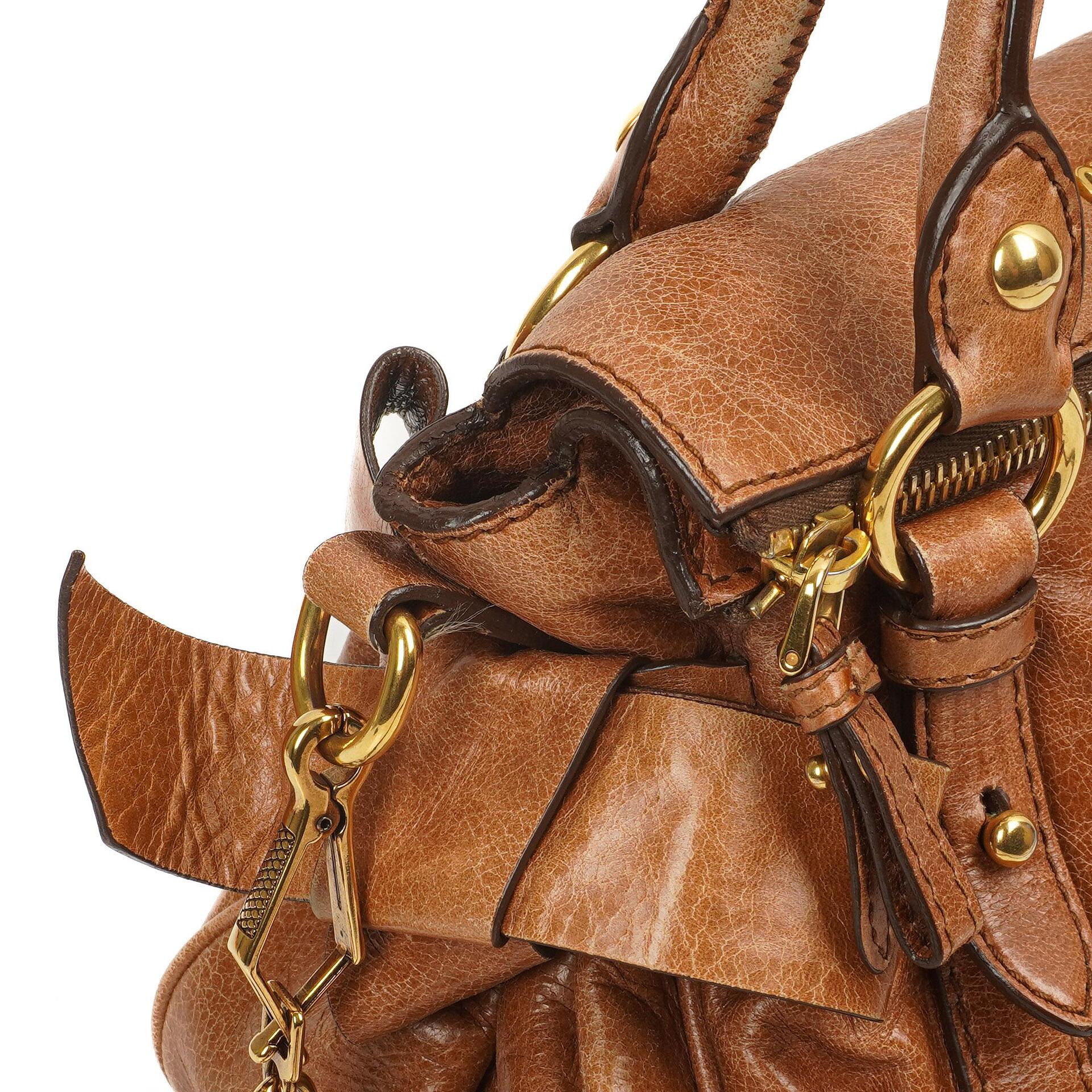 Miu Miu Vitello Lux Mini Bow Satchel Bag Cognac