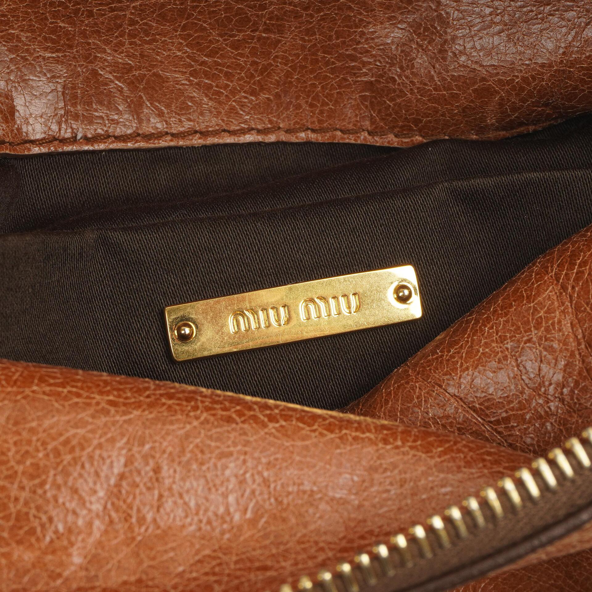 Miu Miu Vitello Lux Mini Bow Satchel Bag Cognac