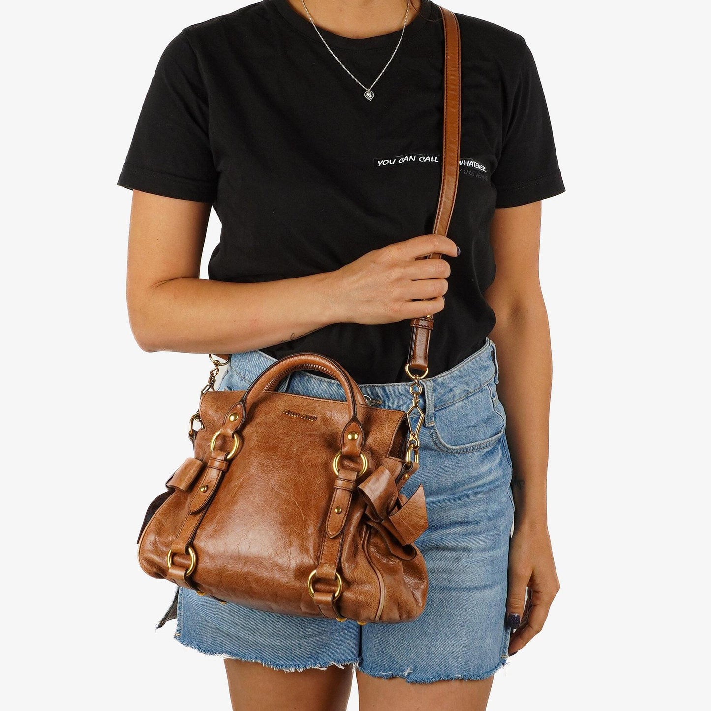 Miu Miu Vitello Lux Mini Bow Satchel Bag Cognac