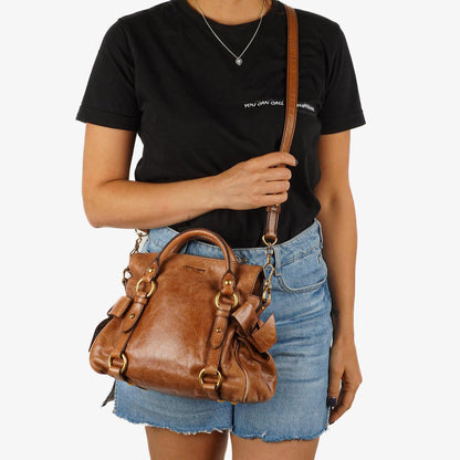 Miu Miu Vitello Lux Mini Bow Satchel Bag Cognac