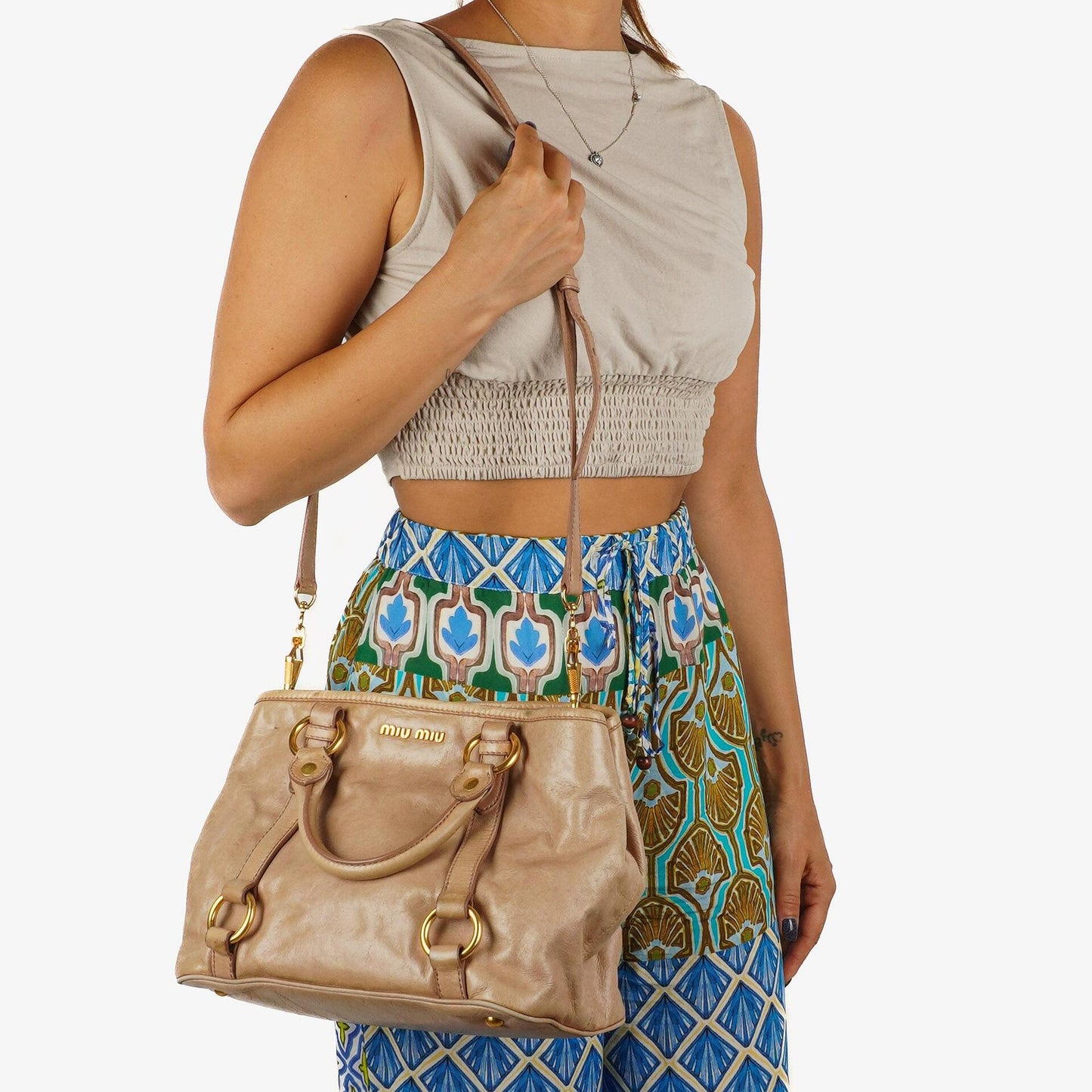 Miu Miu Vitello Shine Tote Bag Cammeo