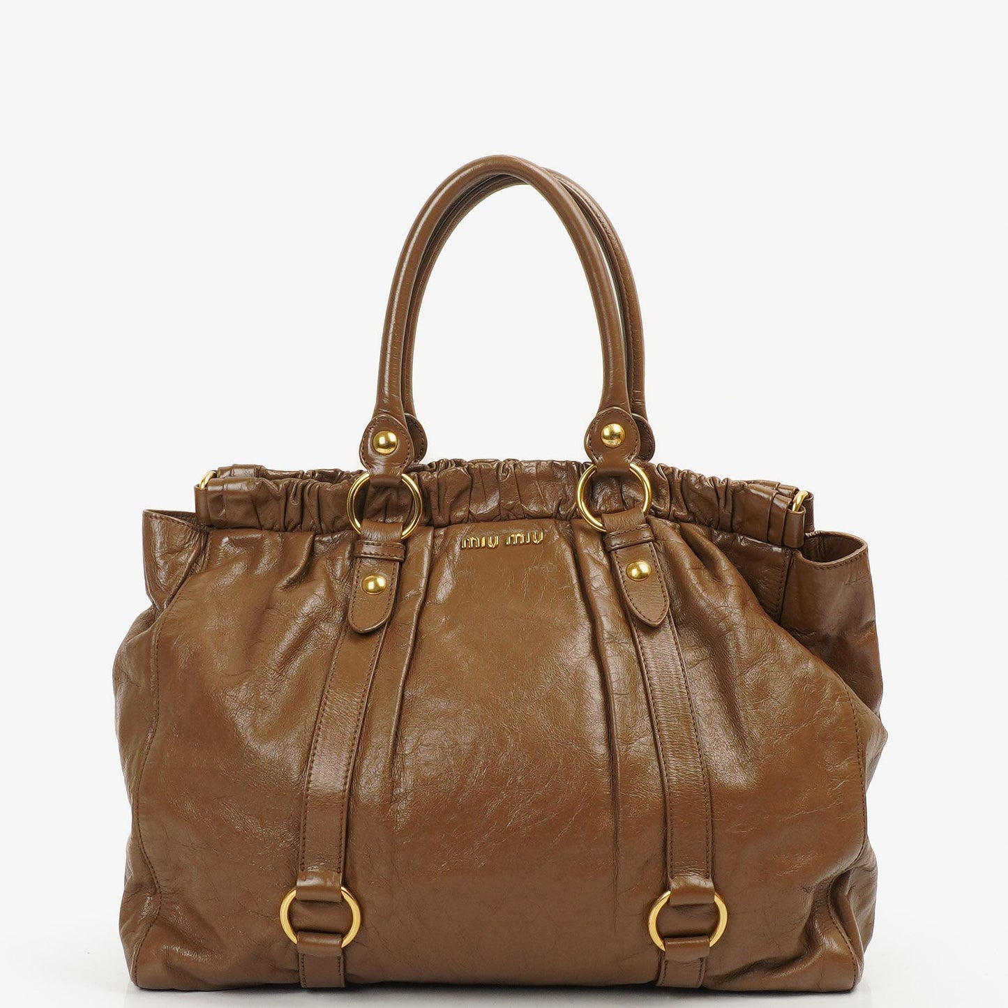 Miu Miu Vitello Shopping Tote Shine Lux Satchel Bag Braun