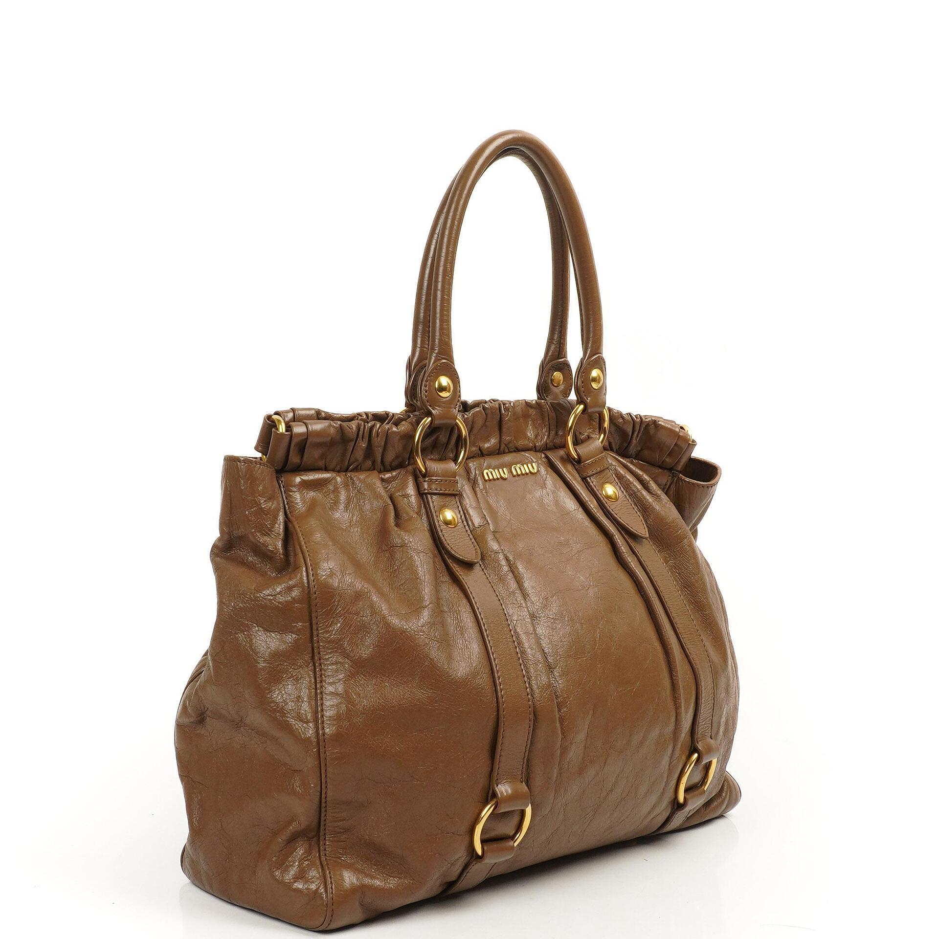Miu Miu Vitello Shopping Tote Shine Lux Satchel Bag Braun