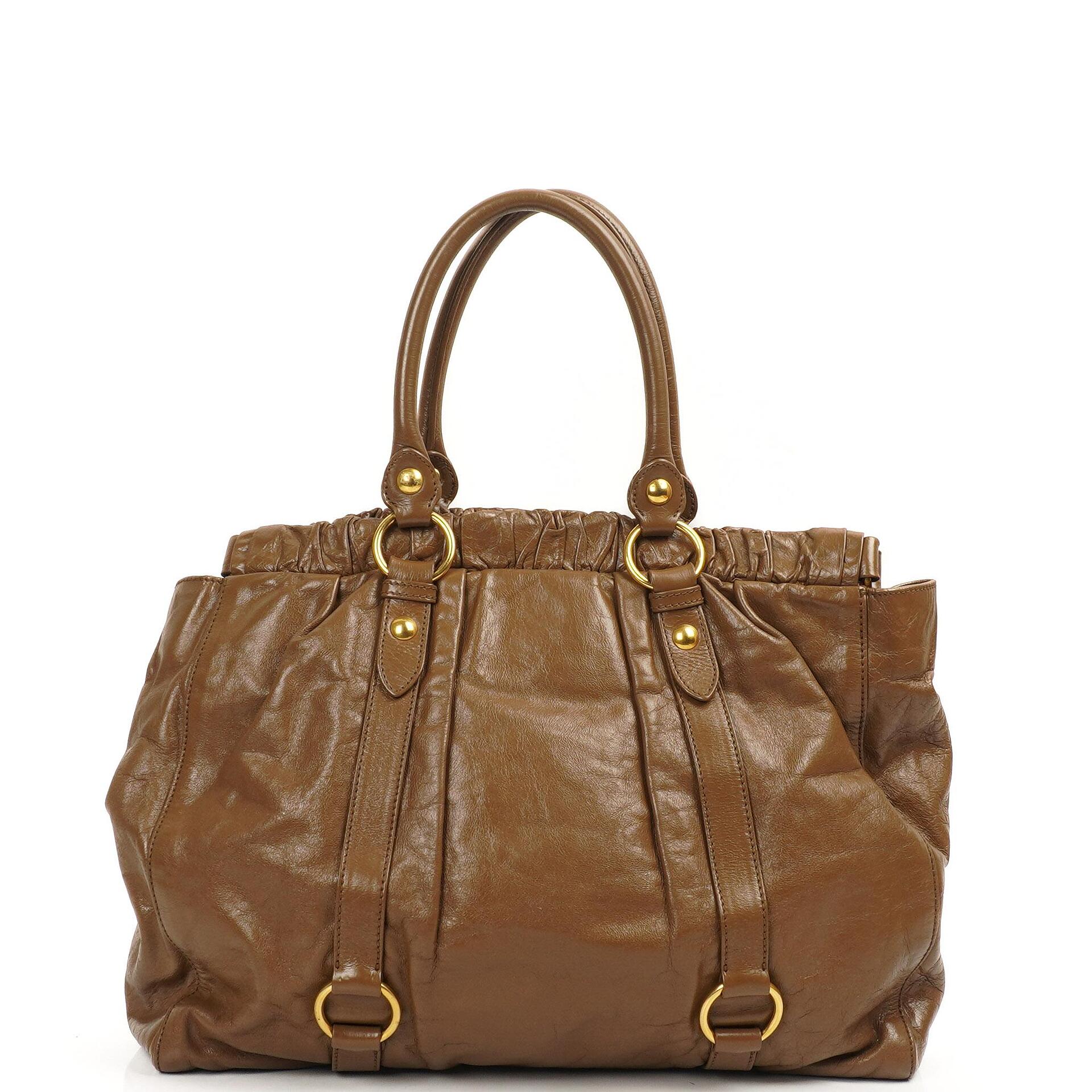 Miu Miu Vitello Shopping Tote Shine Lux Satchel Bag Braun