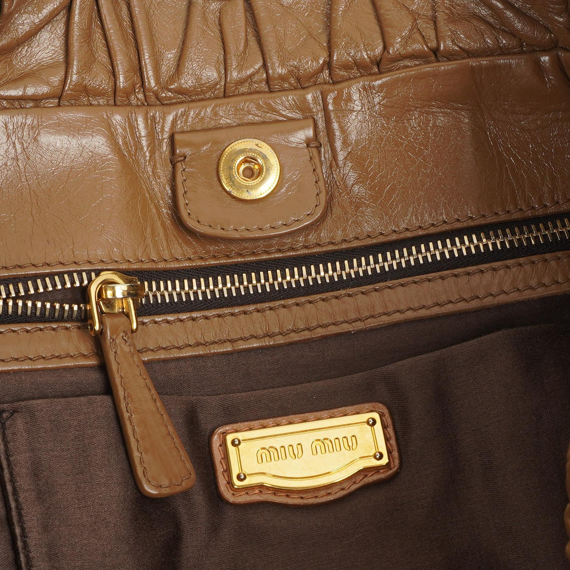 Miu Miu Vitello Shopping Tote Shine Lux Satchel Bag Braun