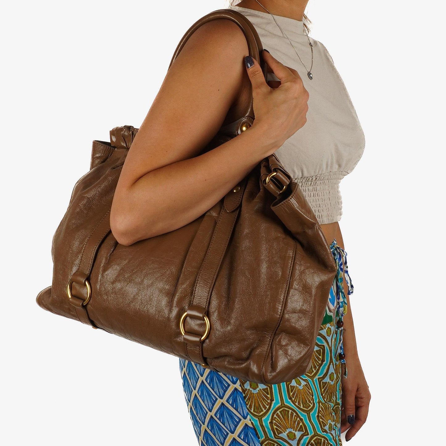Miu Miu Vitello Shopping Tote Shine Lux Satchel Bag Braun