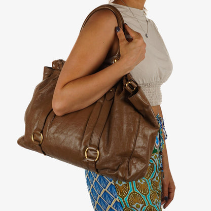 Miu Miu Vitello Shopping Tote Shine Lux Satchel Bag Braun