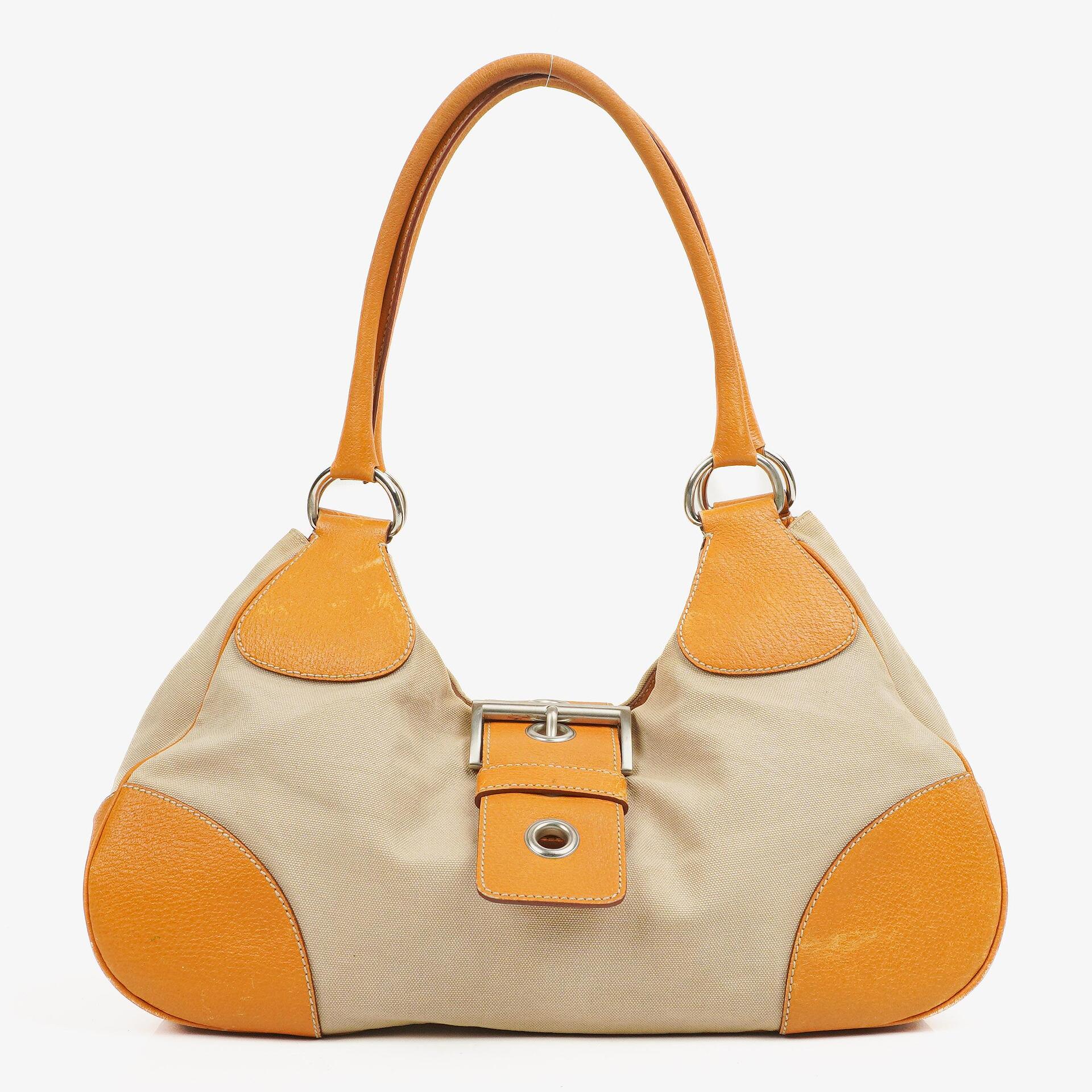 Prada Schultertasche aus beigem/karamellbraunem Canvas und Leder